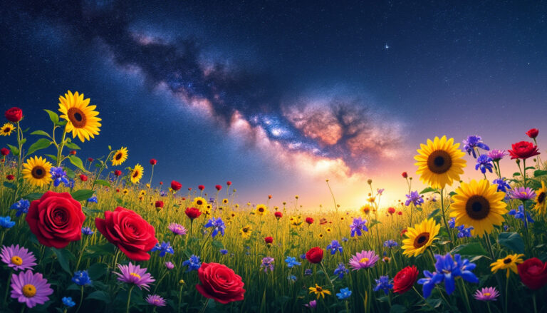 découvrez des fleurs qui s'épanouissent en parfaite harmonie avec les cosmos, créant un nouveau monde de beauté naturelle et de sérénité. explorez la symbiose entre la flore terrestre et l'univers céleste.