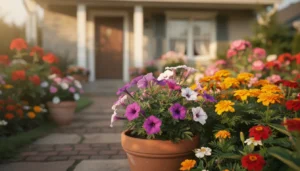 Un jardin de fleurs colorées à l'entrée d'une maison.