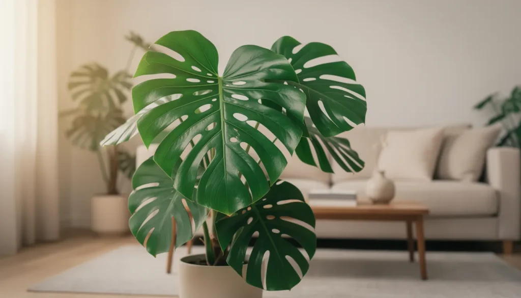 Une Monstera géante dans un salon lumineux et élégant.