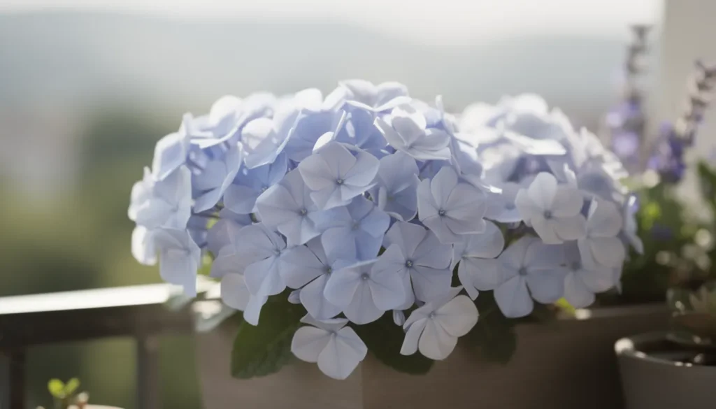 Fleurs bleu clair délicates dans une jardinière ensoleillée.