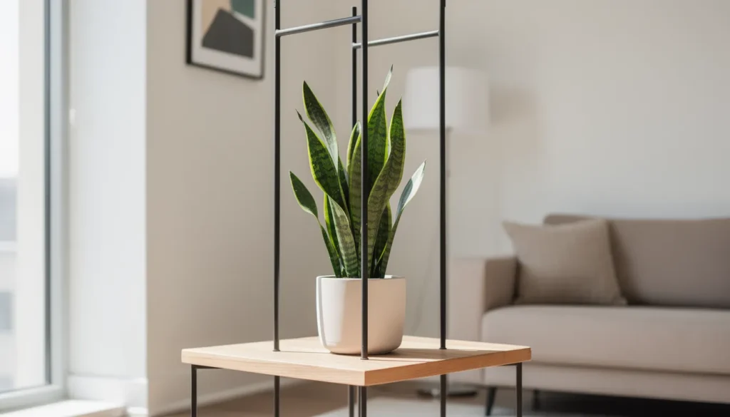 Une plante Sansevieria avec treillis dans un espace intérieur moderne.