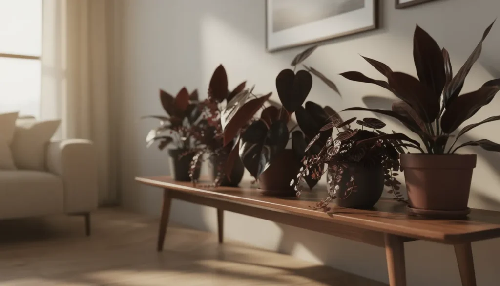 Une pièce accueillante avec des plantes aux feuilles chocolatées sur une étagère.