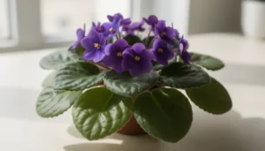 Une violette d'Afrique luxuriante avec des fleurs violettes éclatantes.