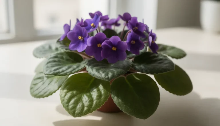 Une violette d'Afrique luxuriante avec des fleurs violettes éclatantes.