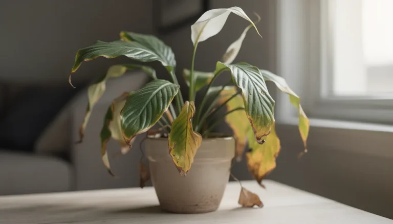Plante de Spathiphyllum fanée avec des feuilles jaunies.