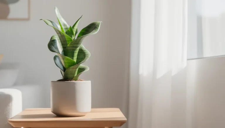 Plante Sansevieria Tortue sur fond minimaliste, mettant en valeur ses feuilles uniques.