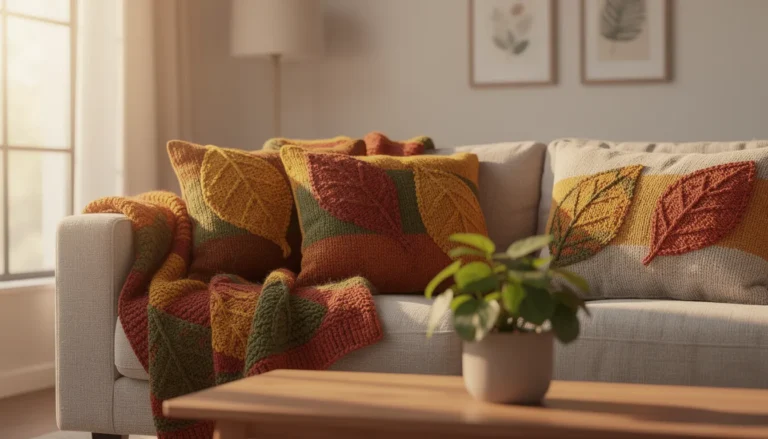 Salon confortable avec des feuilles tricotées en décoration.