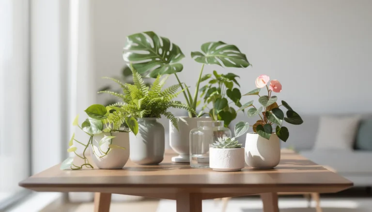 Une belle composition de plantes d'intérieur dans des vases sur une table.