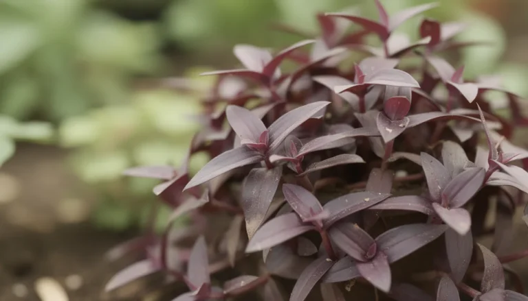 Une plante Tradescantia pallida vibrante dans un jardin, avec des feuilles violettes.