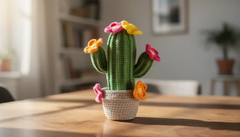 Un cactus en crochet coloré sur une table en bois.