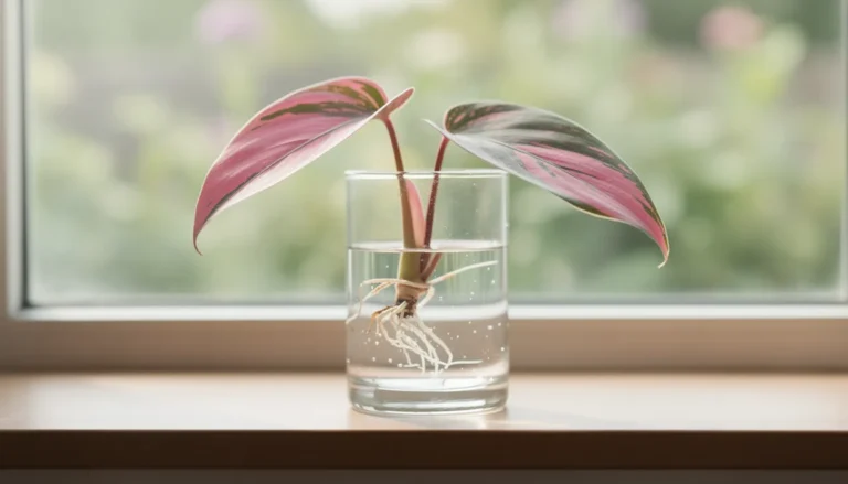 Bouture de Philodendron Pink Princess dans un verre d'eau, lumière naturelle douce.