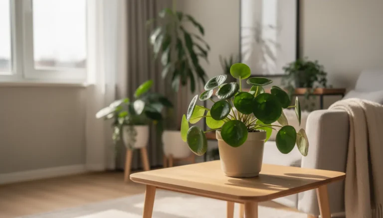 Plante Pilea mise en scène dans un intérieur lumineux et moderne.