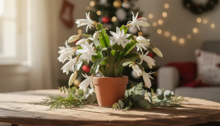 Un cactus de Noël blanc avec des fleurs délicates dans un décor hivernal.