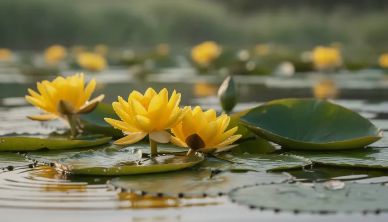Fleurs aquatiques jaunes flottant paisiblement sur un étang.