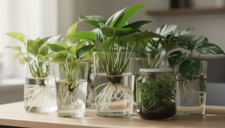 Plantes d’intérieur luxuriantes cultivées dans l’eau, avec des racines visibles.